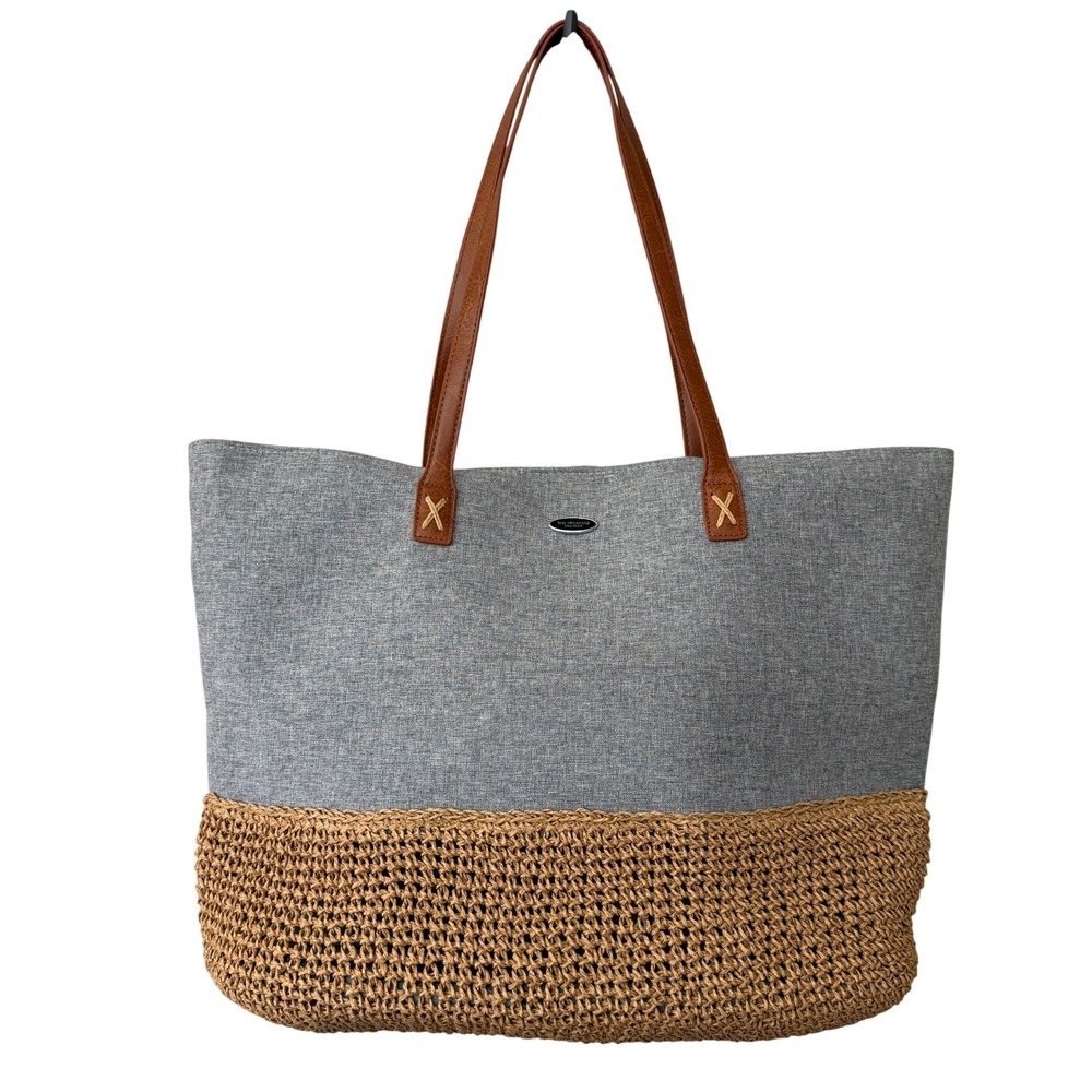 The Breakers Palm Beach Cappelli Straworld Grey Woven Straw Tote Bag Large Boho
